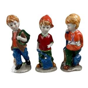 Vintage Ceramic Boy Figurine Trio  Hand-Painted Collectible Set